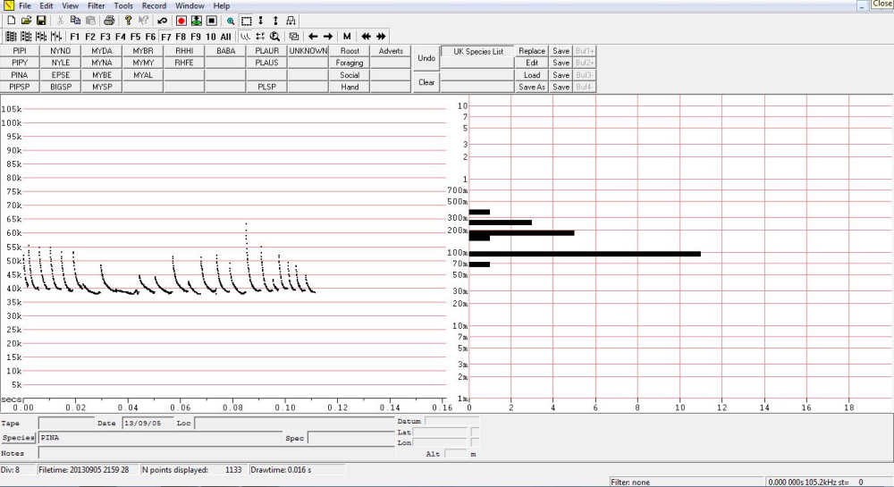 Nathusius' Pipistrelle echolocation calls (Analook f7 compressed freq and TBC), Bat House. 2013.