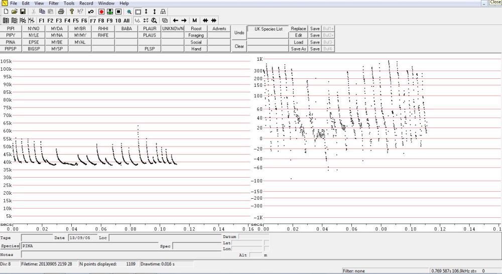 Nathusius' Pipistrelle echolocation calls (Analook f7 compressed freq and slope), Bat House. 2013.