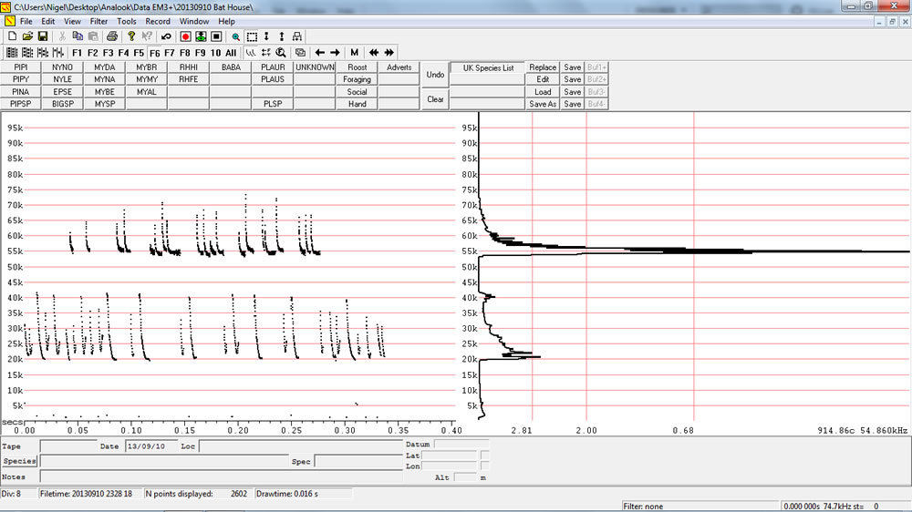 Soprano Pipistrelle social calls (Analook compressed f6 frequency & cycles).